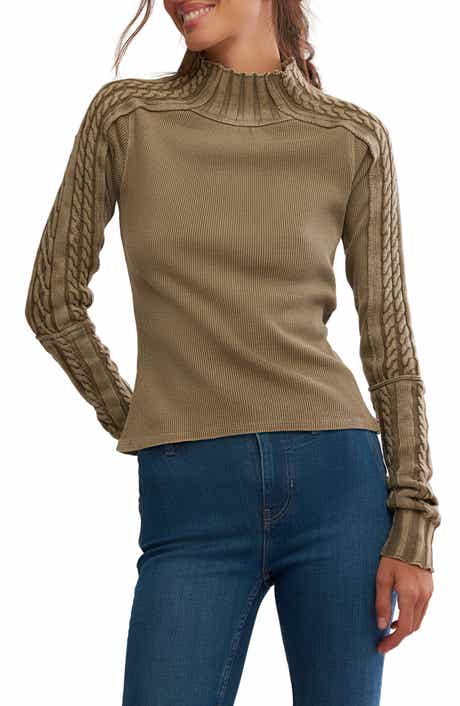 Free People WTF Breezy Cable Knit Mock Neck Top