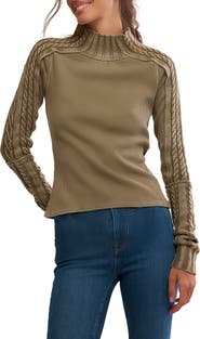 Free People WTF Breezy Cable Knit Mock Neck Top