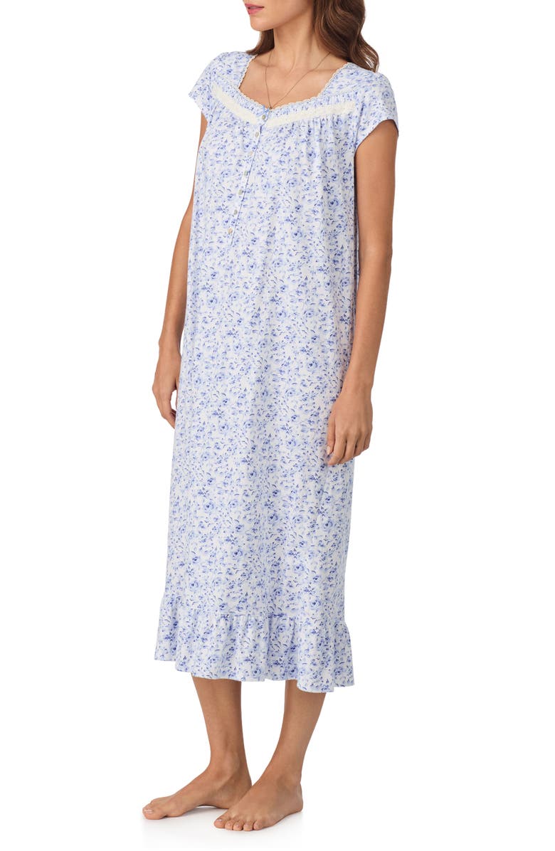 Eileen West Floral Cap Sleeve Nightgown, Alternate, color, White/ Blue Flower