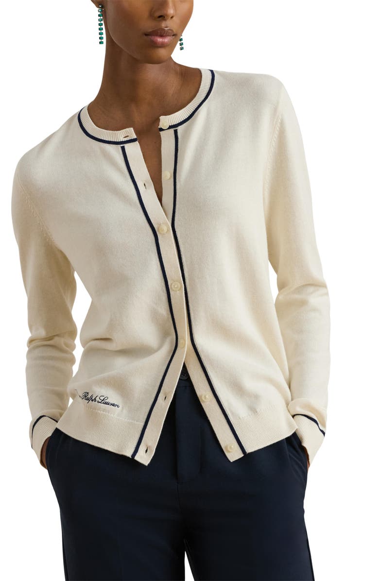 Lauren Ralph Lauren Contrast Trim Cotton Blenbd Cardigan, Main, color, Mascarpone Cream/ Refined Navy
