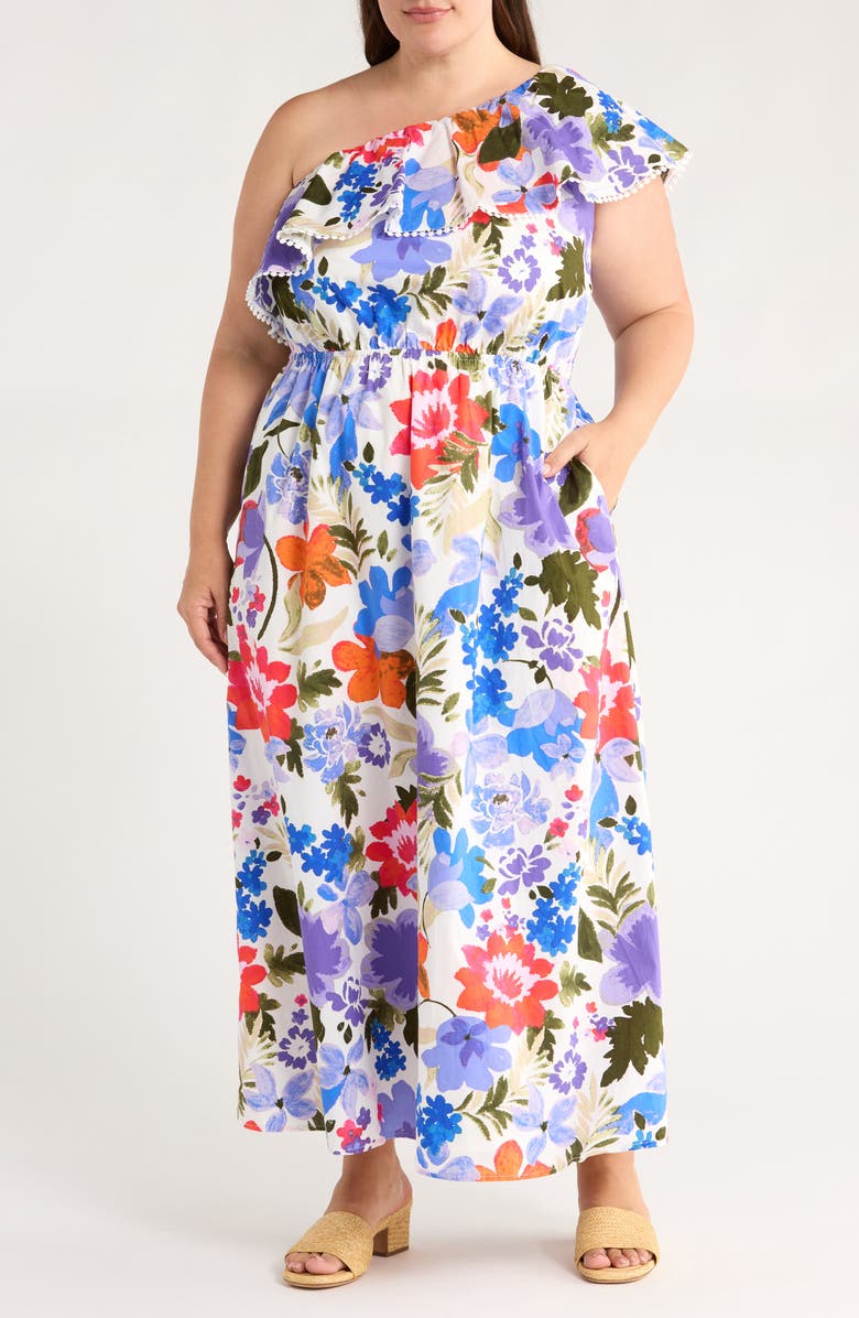 SUGARLIPS Amania Floral Suraya One-Shoulder Cotton Maxi Dress, Main, color, Blue/ Purple