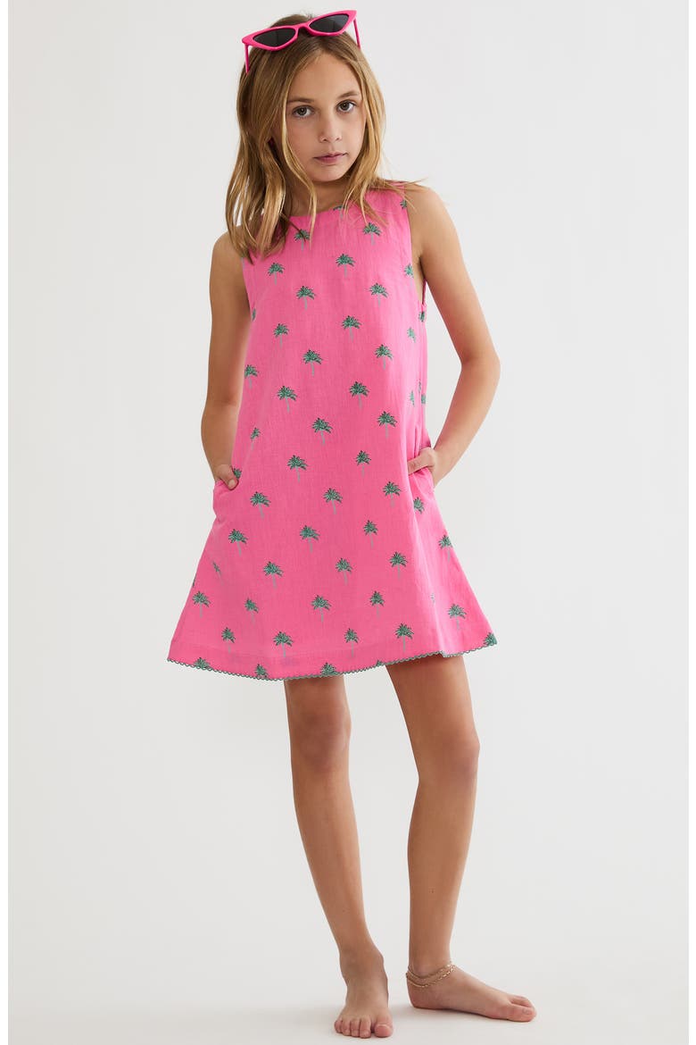 Kids' Little Caprina Palm Print Shift Dress, Alternate, color, FLAMINGO FRONDS