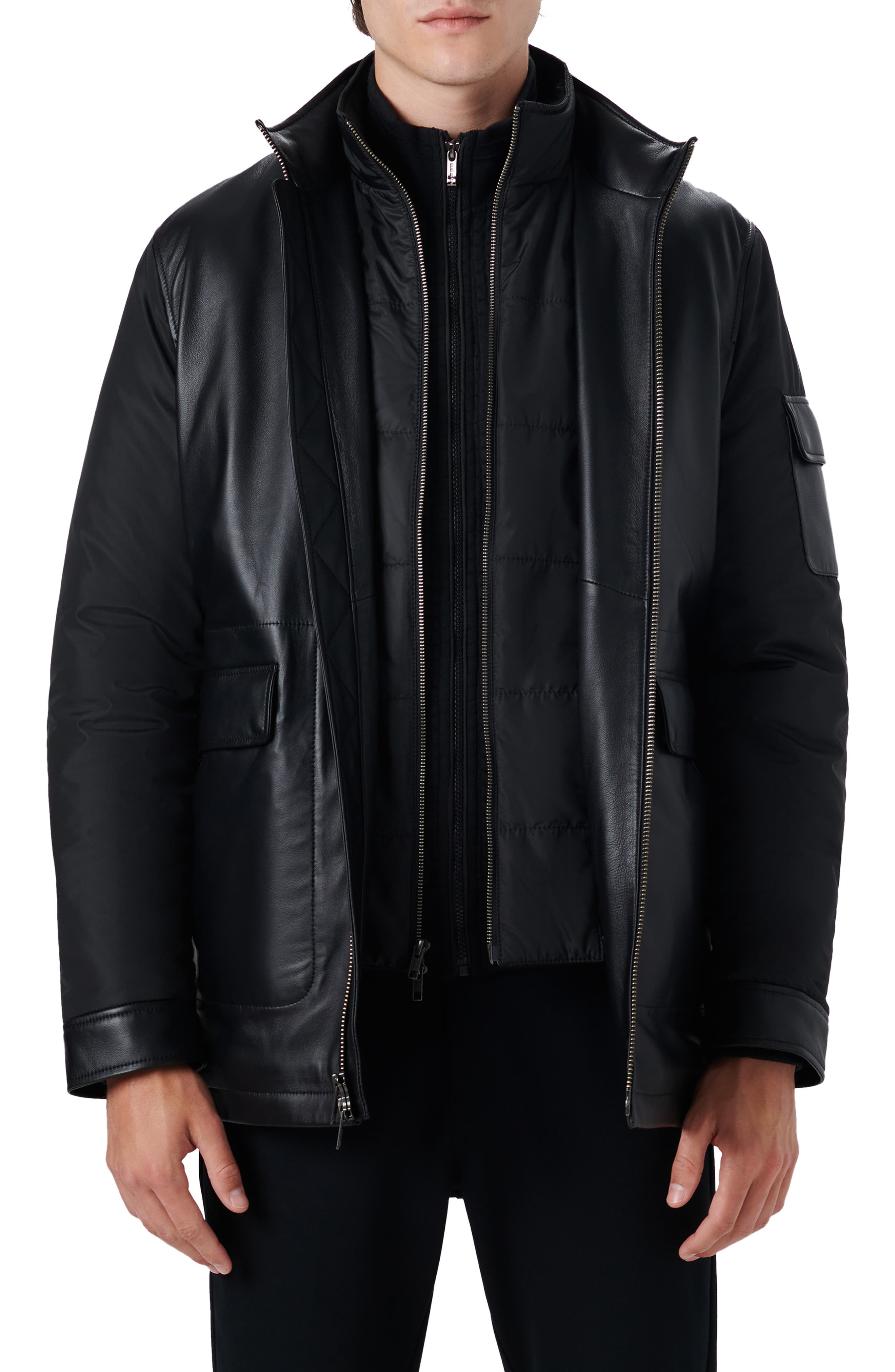 Bugatchi Full Zip Leather Bomber Jacket with Removable Bib