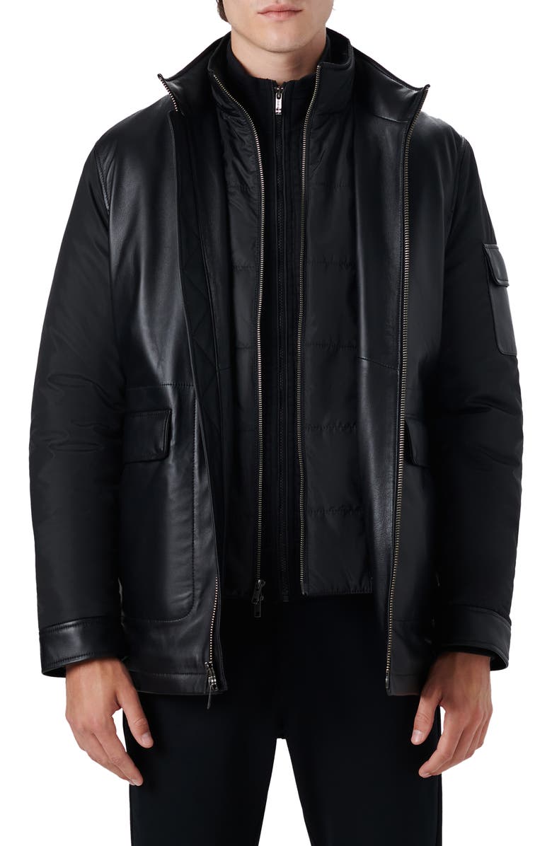 Bugatchi Full Zip Leather Bomber Jacket with Removable Bib, Main, color, Caviar