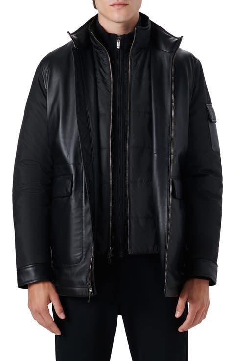Full Zip Leather Bomber Jacket with Removable Bib