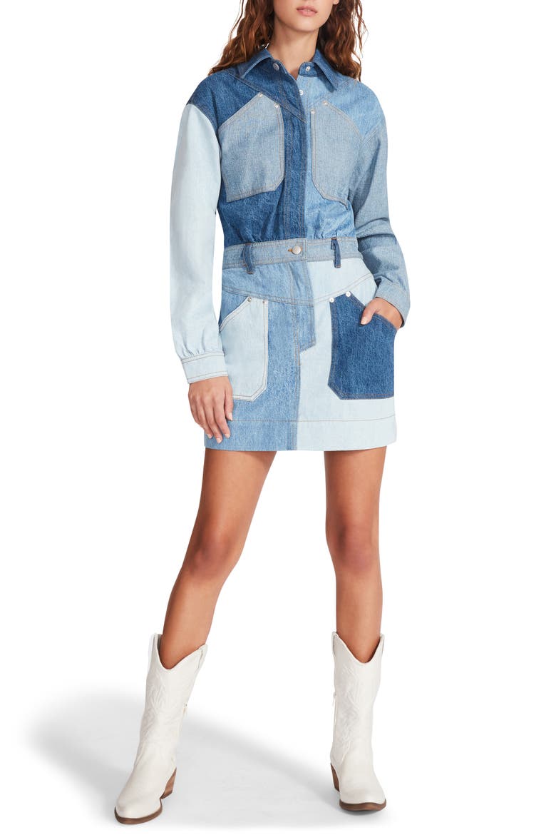Ryleigh Long Sleeve Patchwork Denim Minidress, Main, color, DENIM