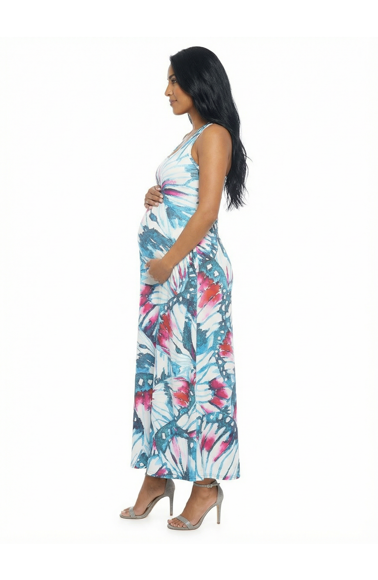 24seven Comfort Apparel Maternity Butterfly Sleeveless Scoop Neck A-Line Pocket Maxi Dress, Alternate, color, Blue Multi