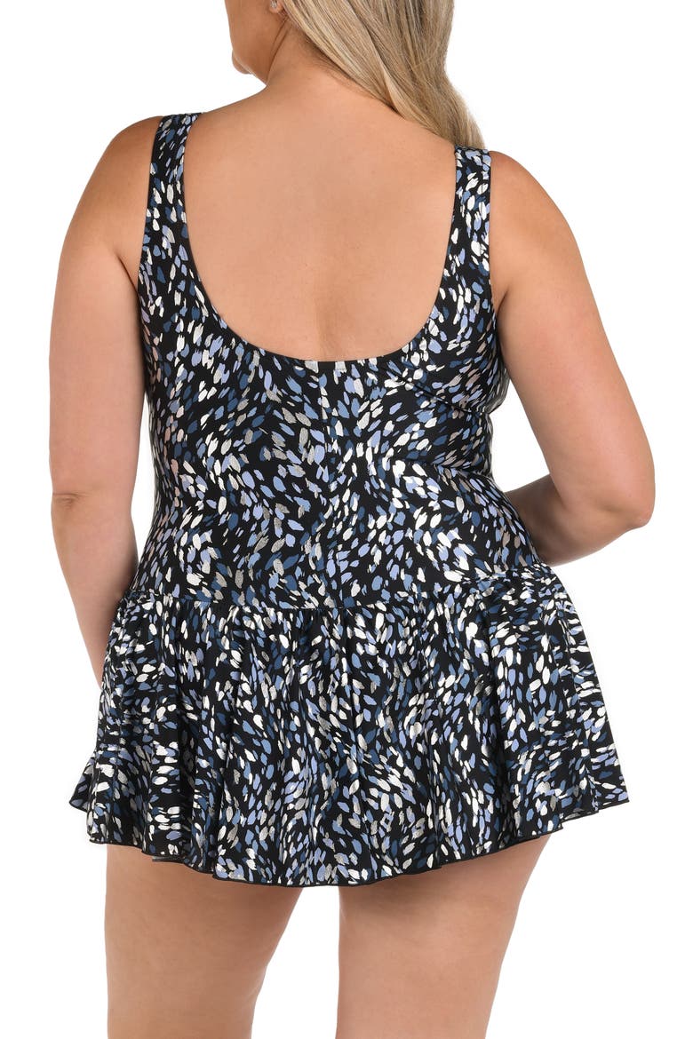 Brushstroke Print One-Piece Swimdress, Alternate, color, BLACK