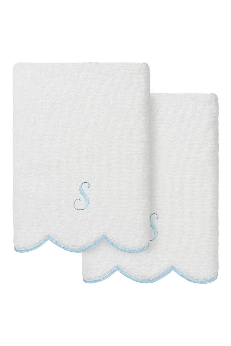 Scallop Personalized Monogram 2-Piece Hand Towel Set, Main, color, WHITE/ BLUE S