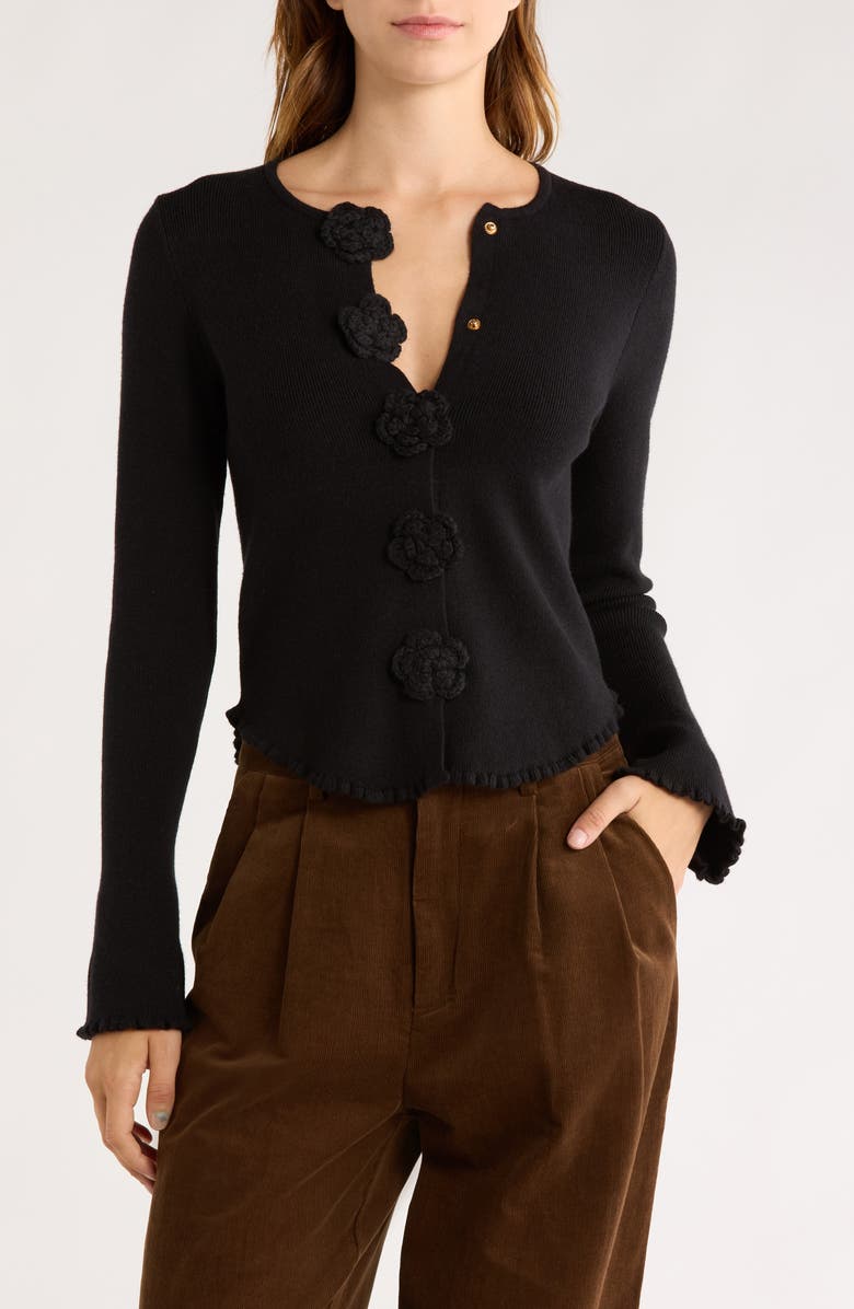 Elodie Rosette Bell Sleeve Sweater, Main, color, Black