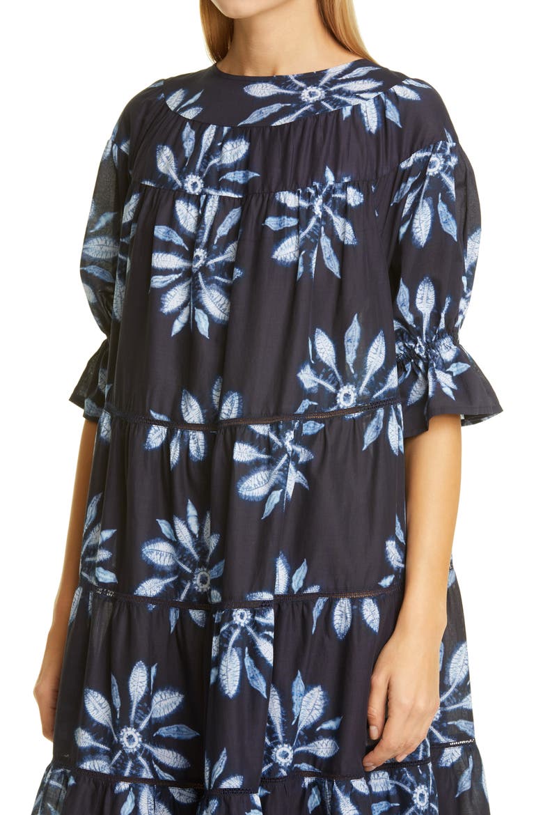 Paradis Tiered Puff Sleeve Cotton Dress, Alternate, color, NAVY / FLORAL PRINT