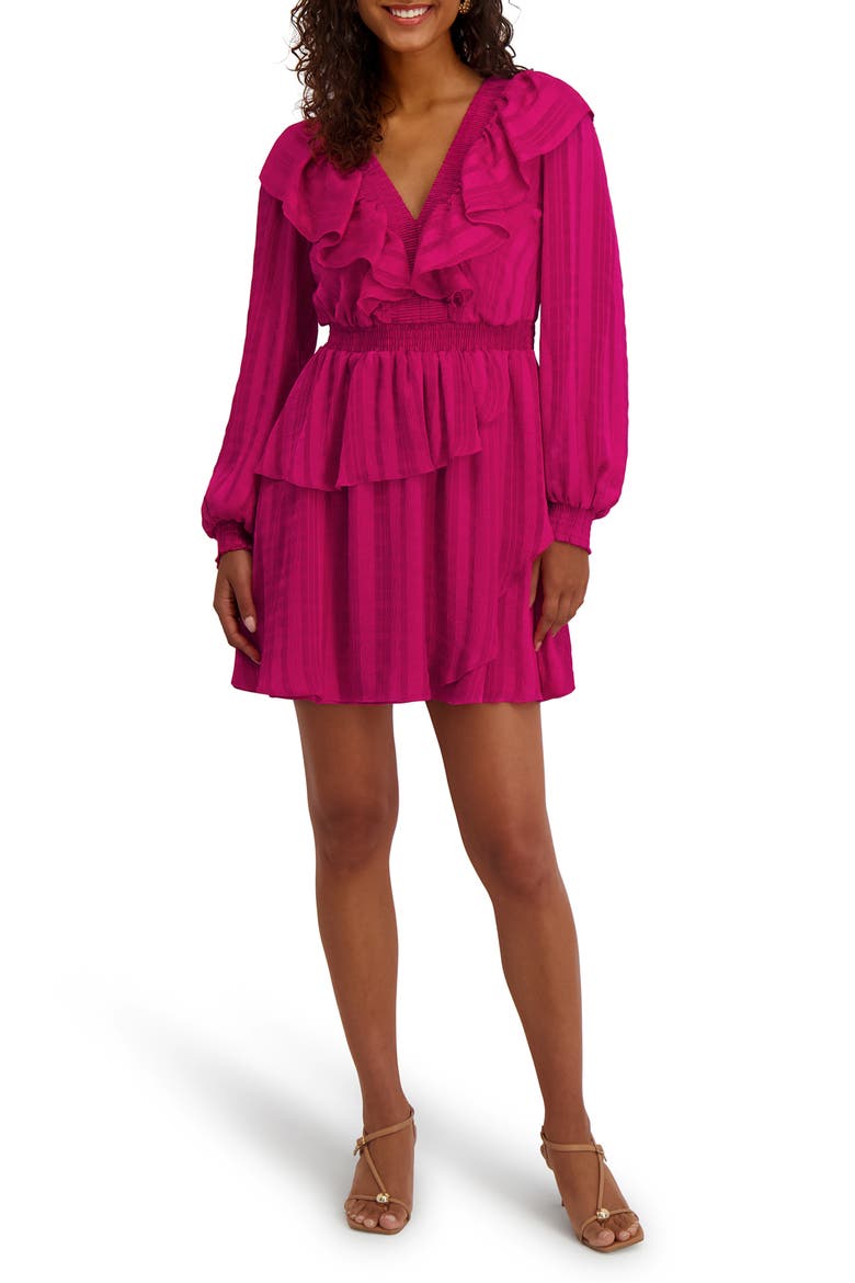 Ruffle Trim Long Sleeve Minidress, Main, color, FUCHSIA