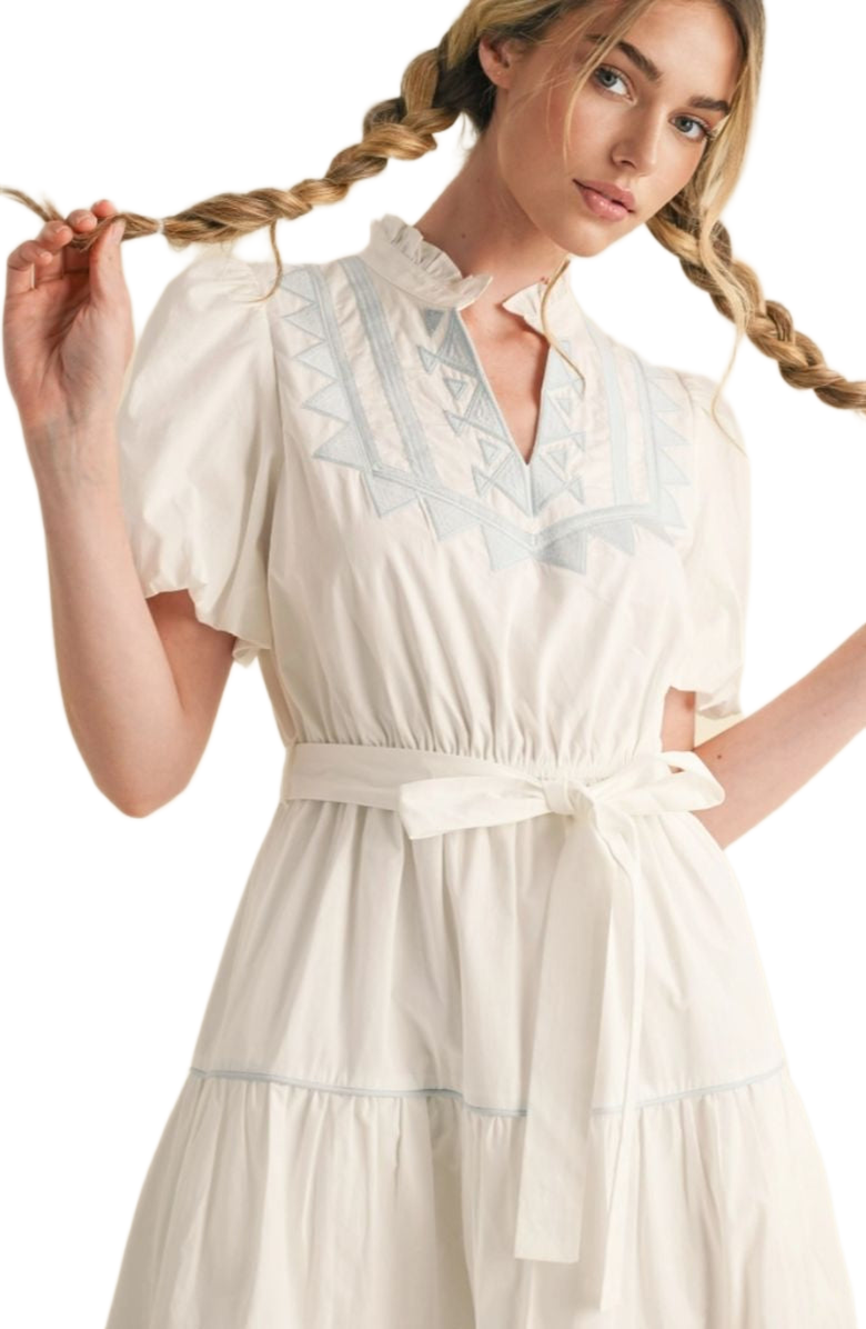 Knit and Lounge Embroidered Midi Dress with Puff Sleeves, Alternate, color,