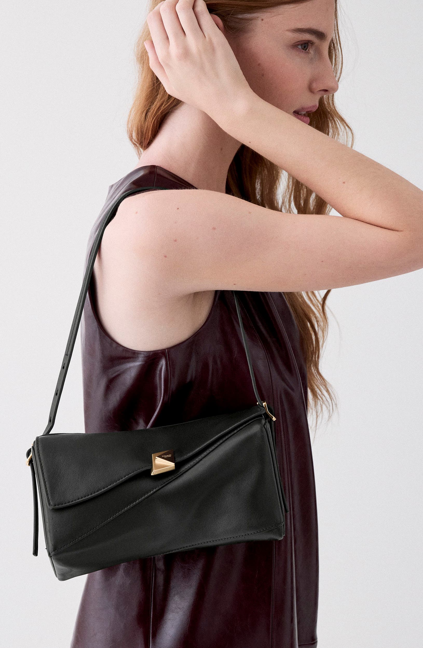 Deco Smooth Leather Twisted Flap Shoulder Bag, Alternate, color, BLACK