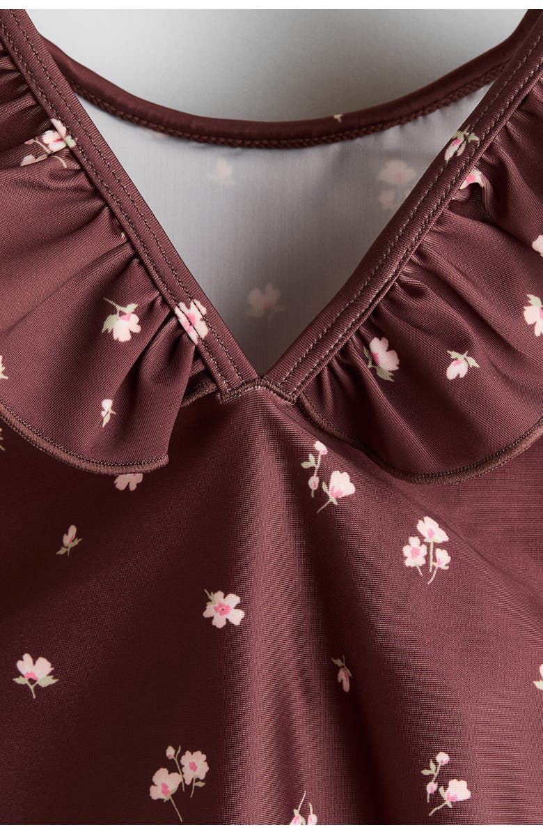 H&M Frill-trimmed Swimsuit, Alternate, color, Dark Brown/Floral