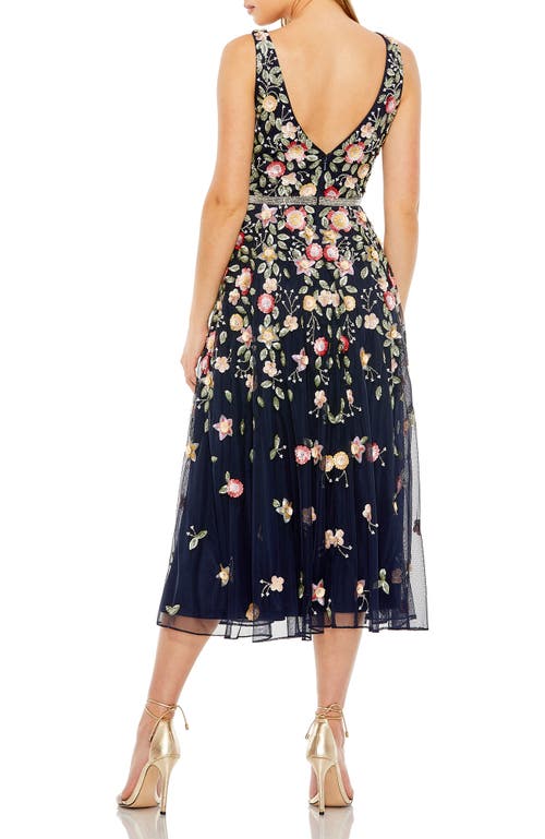 Mac Duggal Deep V Neck Embroidered Tea Length Dress In Midnight Multi