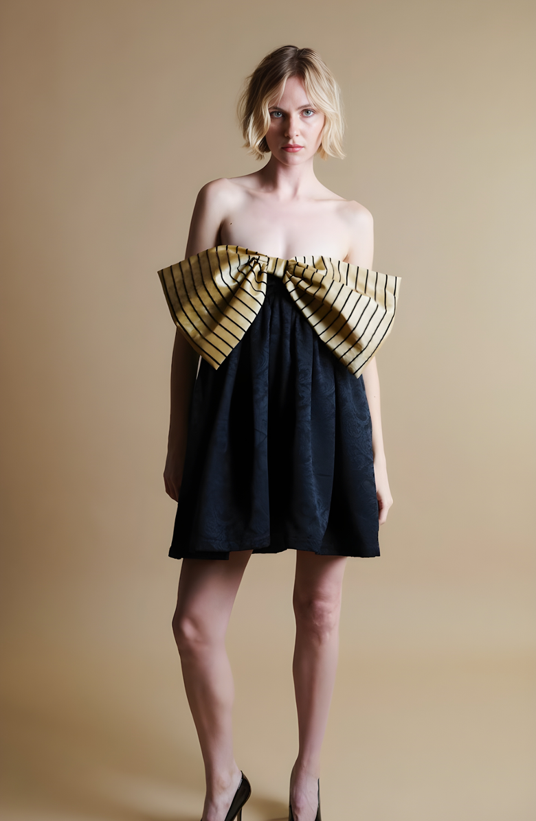 Madeline Marie Stewart Mini Bow Dress, Alternate, color, Black / Cream