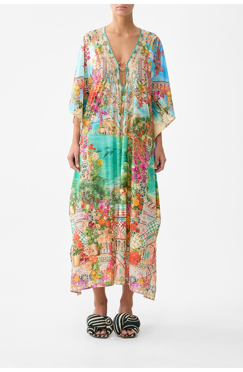 Camilla Long V Neck Kaftan W Ring Front Trim, Main, color, Meet Me In Mallorca