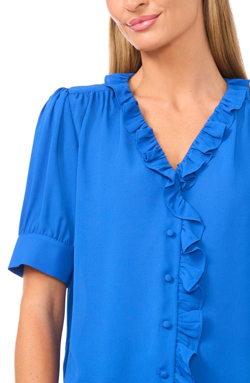 Cece Ruffle Detail Short Sleeve Georgette Button-up Shirt In Blue