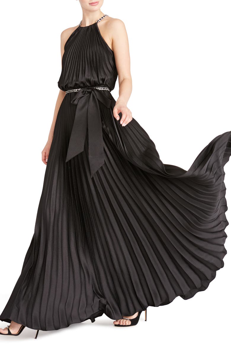 ML Monique Lhuillier Pleated Chain Detail Satin A-Line Gown, Alternate, color, Black
