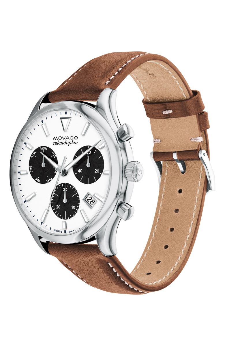 Movado 'Heritage' Chronograph Leather Strap Watch, 43mm, Alternate, color, Brown/ White