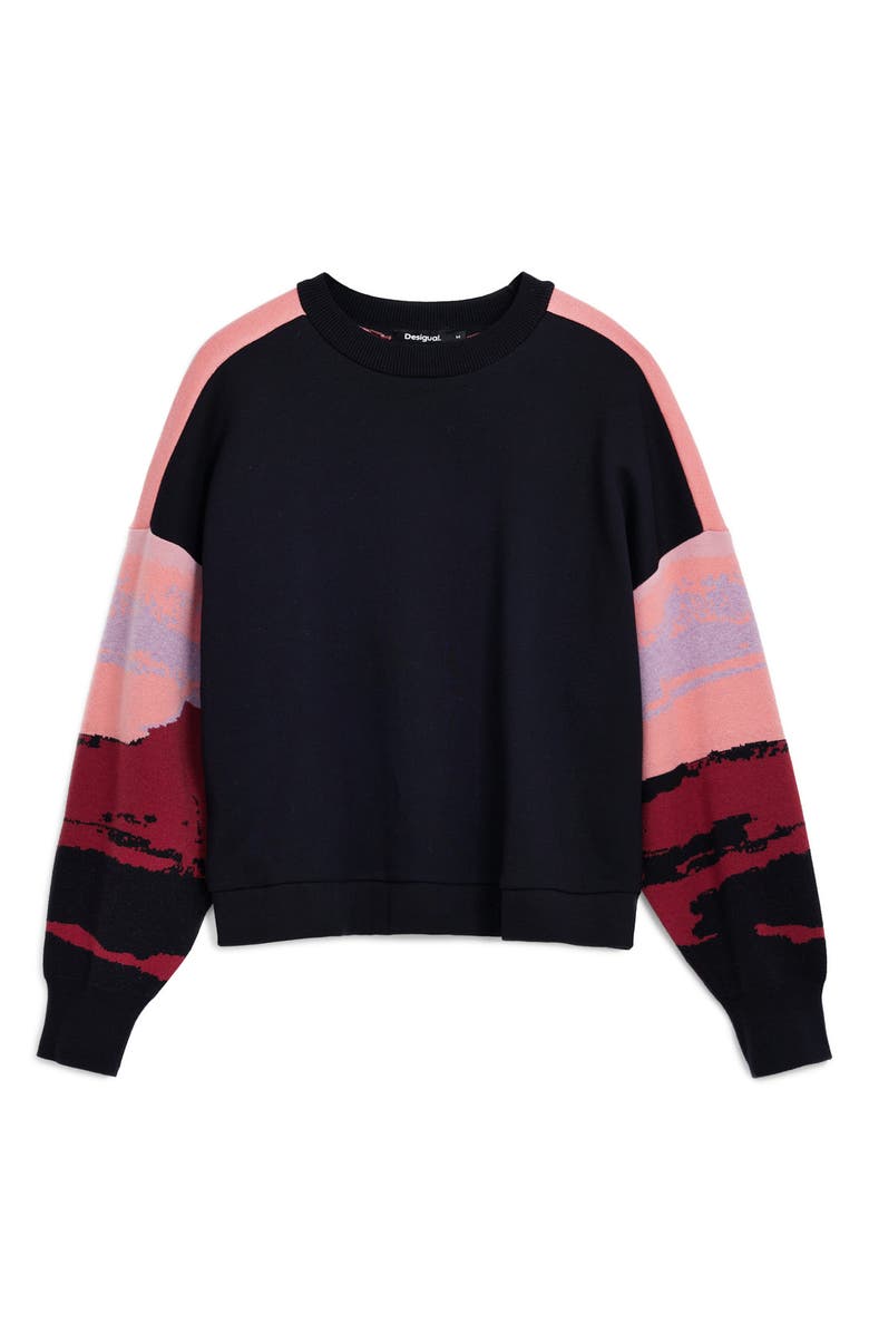 Desigual Karla Print Crop Sweater, Alternate, color, Black