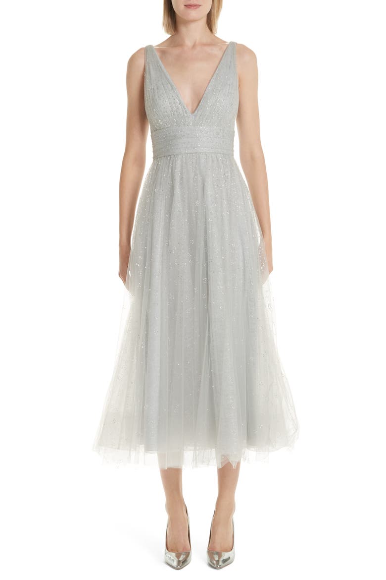 Glitter Tulle Tea Length Dress, Main, color, SILVER