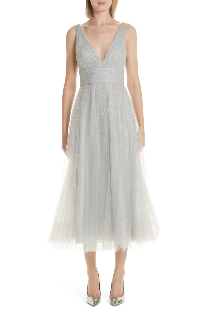 Marchesa Notte Glitter Tulle Tea Length Dress, Main, color,