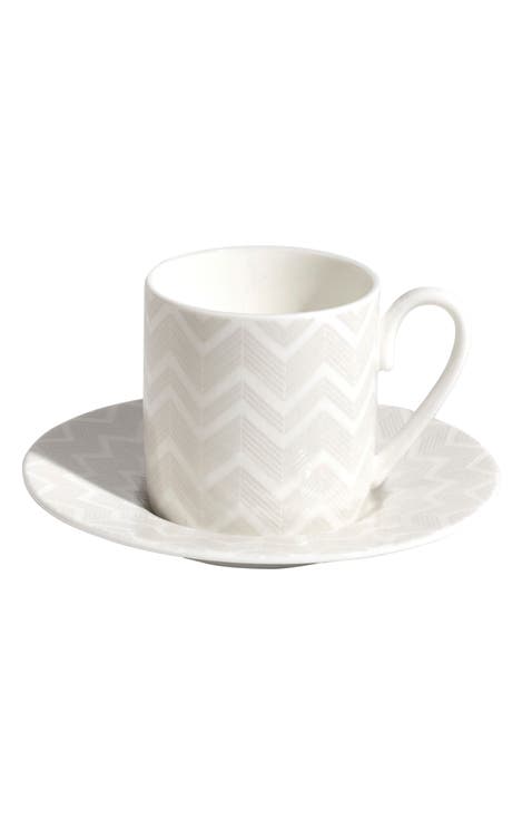 Coffee Cup & Saucer ZIG ZAG Set of 2 in Luxury Box White diam. 2.3", H 2.5", Cap. 4 oz, Saucer diam. 4.75"