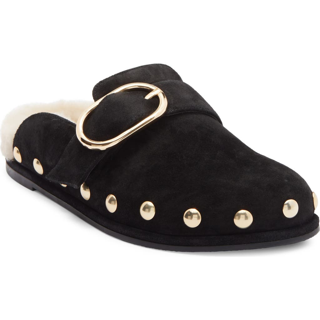 Stuart Weitzman Studded Faux Shearling Lined Mule In Black
