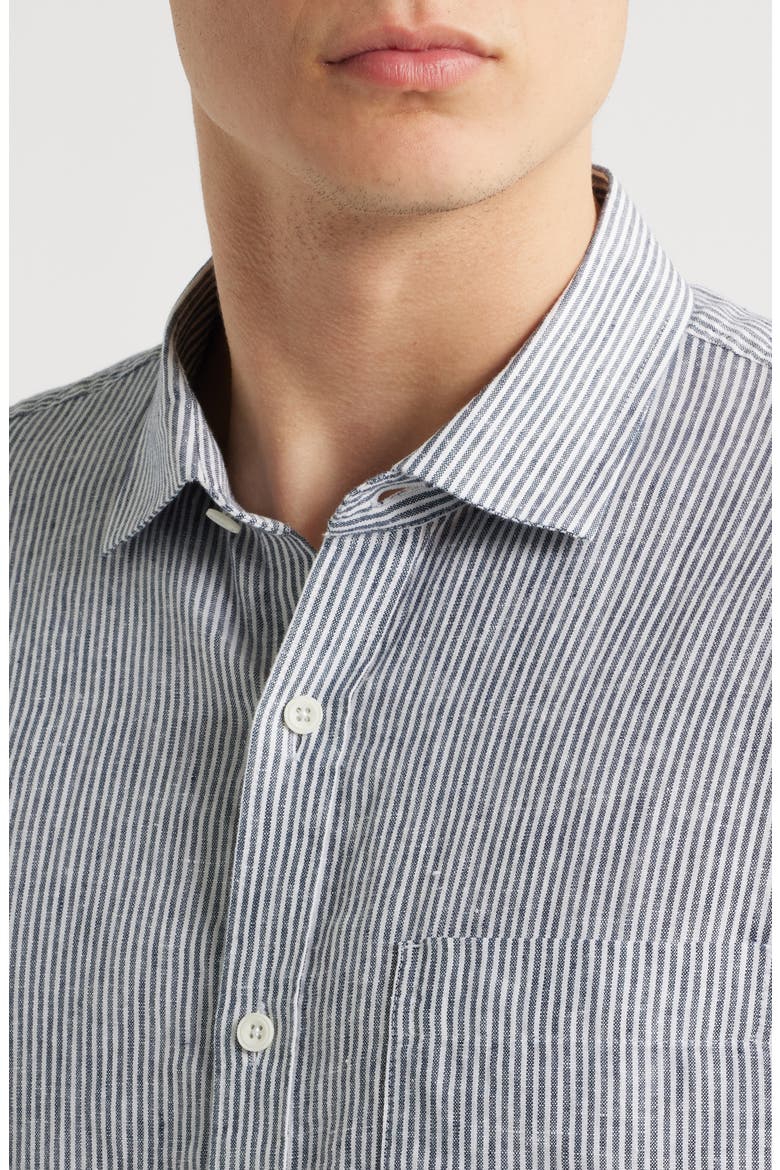 Stripe Long Sleeve Linen Woven Button-Up Shirt, Alternate, color, WHITE- NAVY SINGLE STRIPE