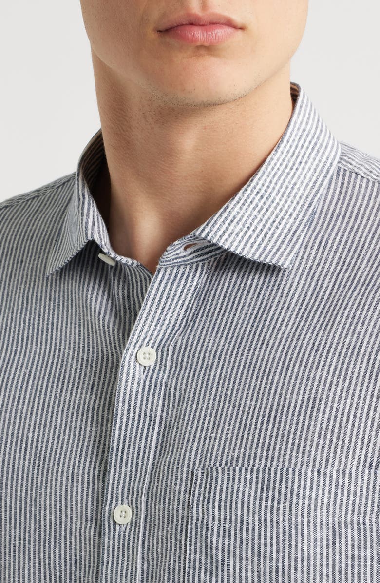 Nordstrom Stripe Long Sleeve Linen Woven Button-Up Shirt, Alternate, color, White- Navy Single Stripe