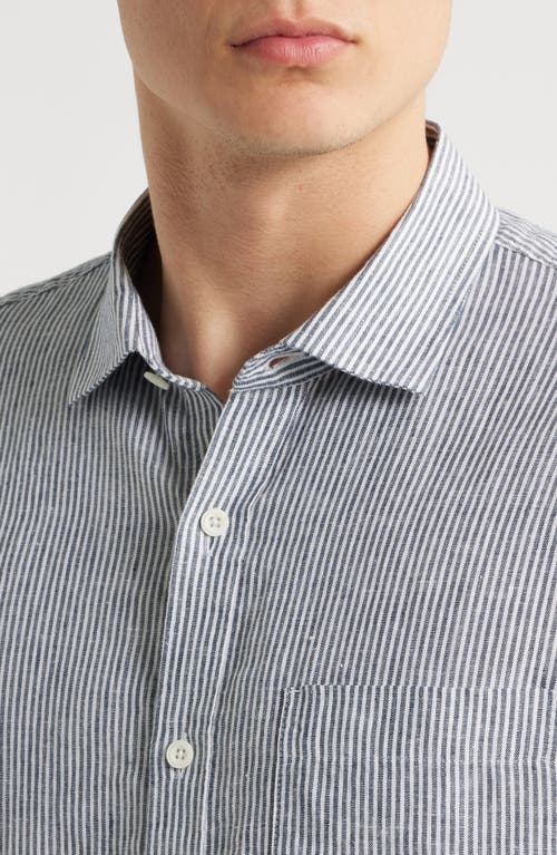 Nordstrom Stripe Long Sleeve Linen Woven Button-up Shirt In White- Navy Single Stripe