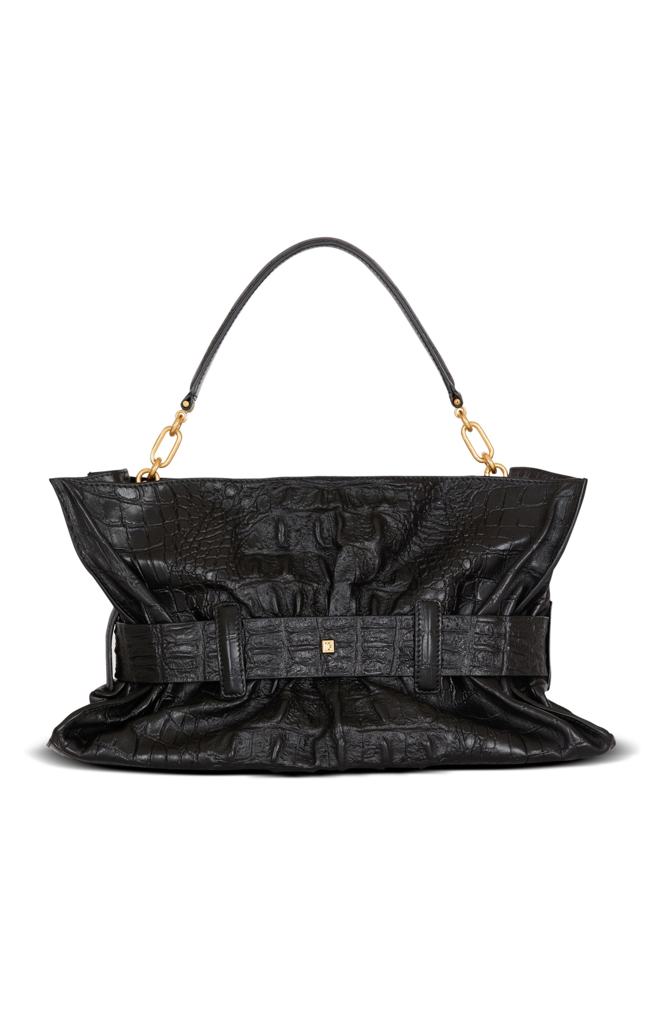 Balmain Medium Anthem bag in embossed crocodile-print calfskin, Alternate, color, 