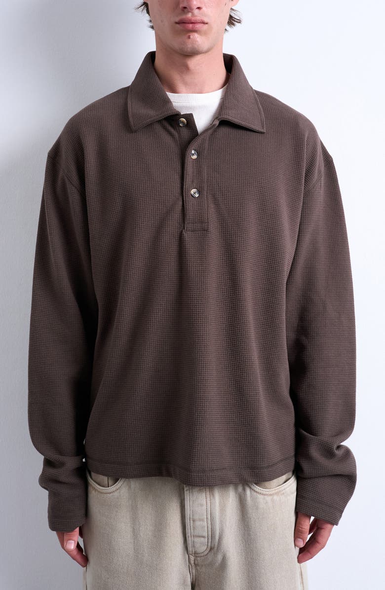 Topman Waffle Knit Boxy Polo Sweatshirt, Main, color, Brown