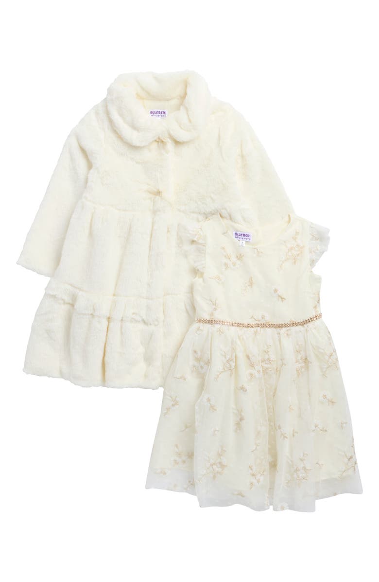 BLUEBERRY Kids' Party Dress & Faux Fur Coat Set, Main, color, White