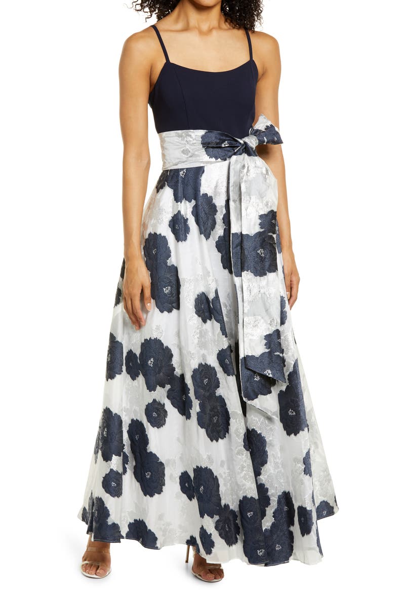 Floral Jacquard Ballgown, Main, color, NAVY