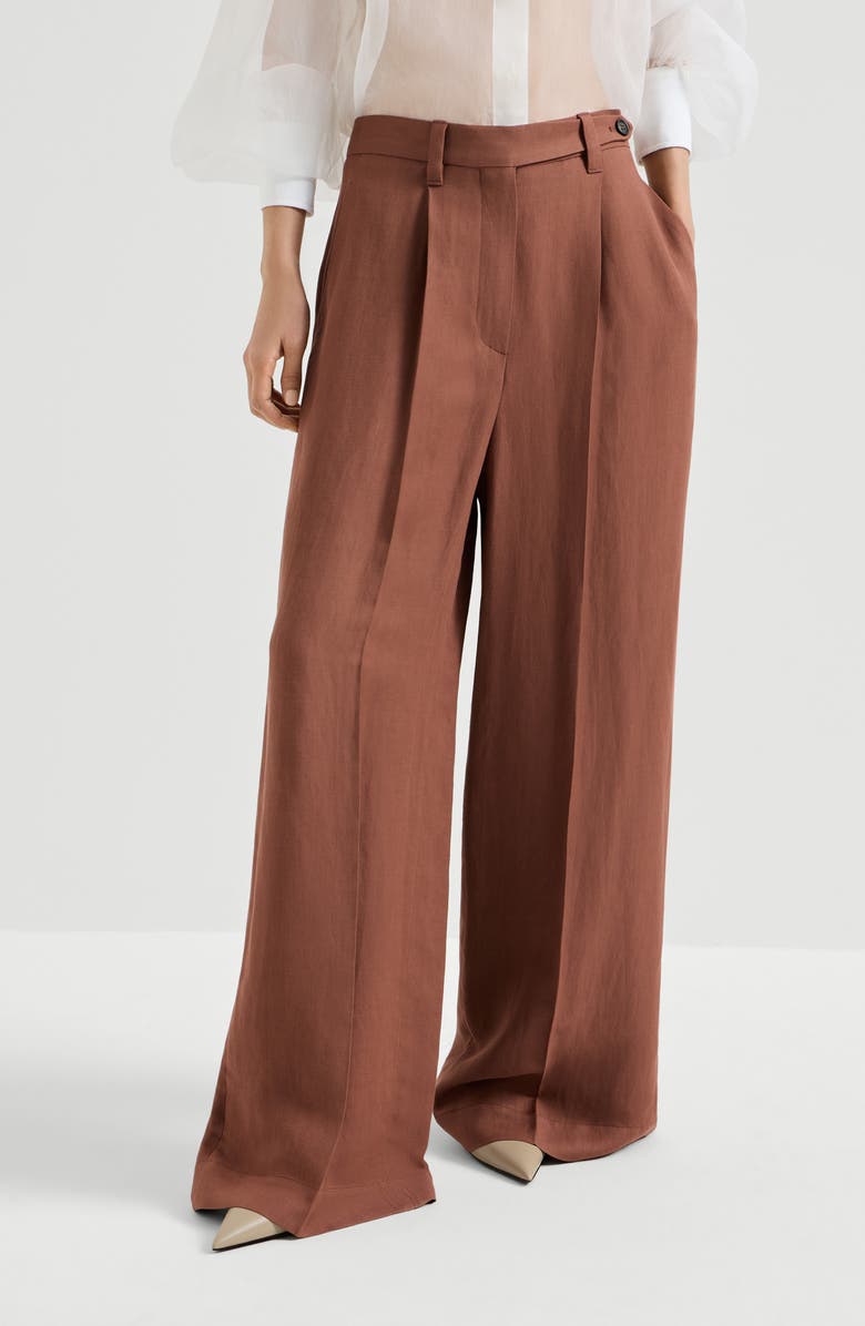 Brunello Cucinelli Fluid twill wide trousers with monili, Alternate, color, Red