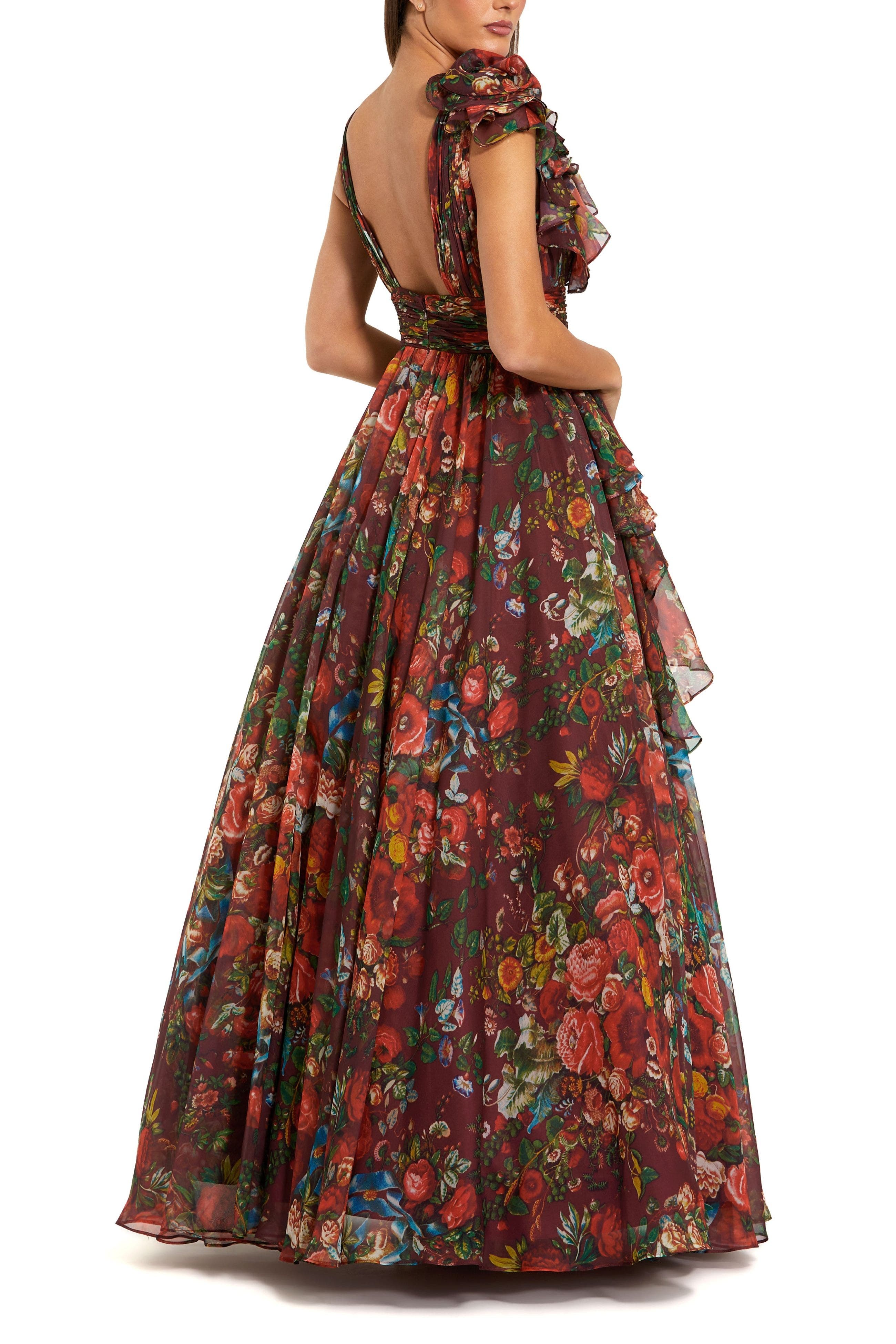 Ruffle Shoulder V-Neck Printed Chiffon Gown - image 4