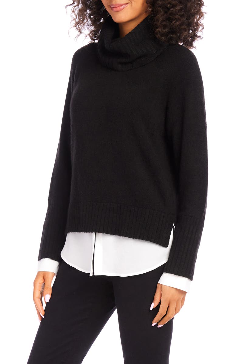 Karen Kane Mixed Media Layered Turtleneck Sweater, Alternate, color, Black