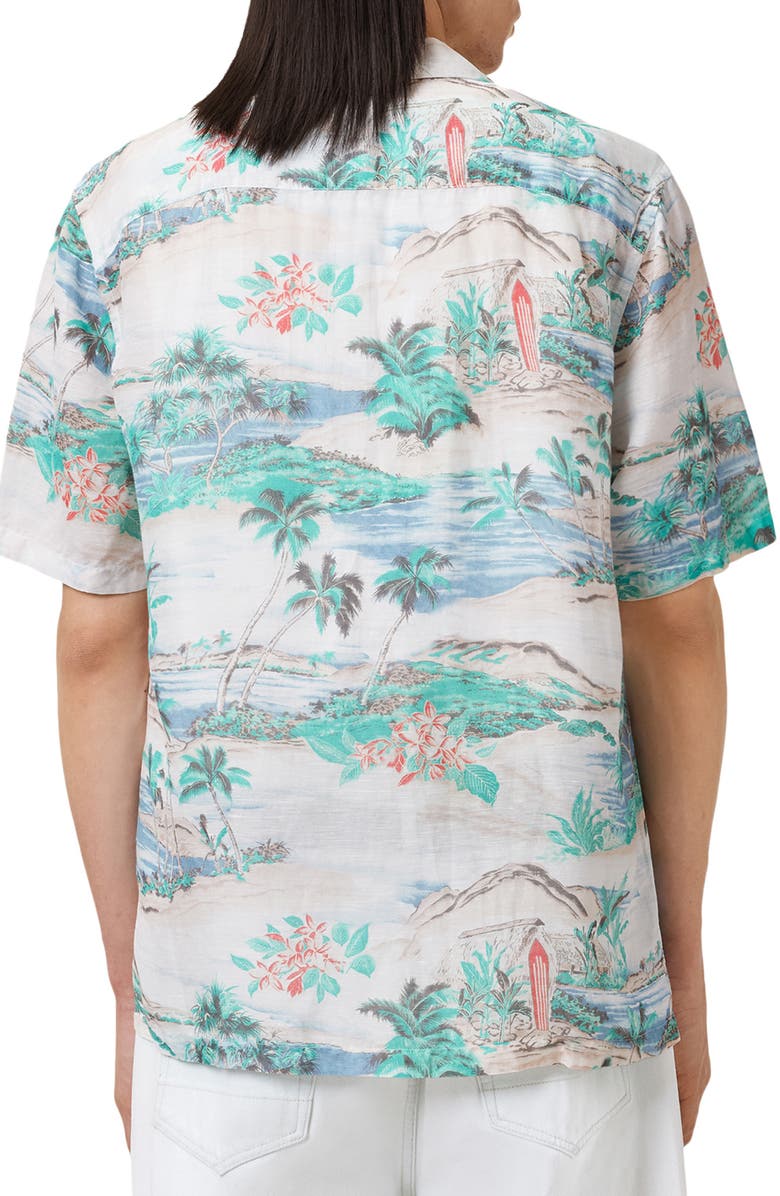 AllSaints Biarritz Tropical Print Viscose & Linen Camp Shirt, Alternate, color, Frosted White