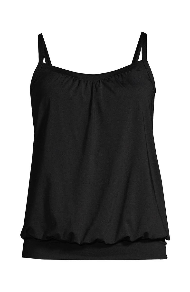 Lands' End Mastectomy Chlorine Resistant Blouson Tummy Hiding Tankini Top Swimsuit Adjustable Straps, Alternate, color, Black