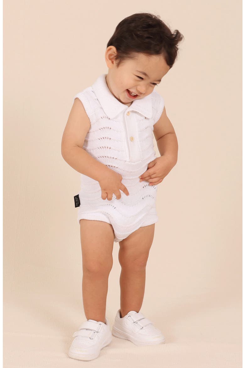 Open Stitch Cotton Polo Sweater Romper, Alternate, color, WHITE
