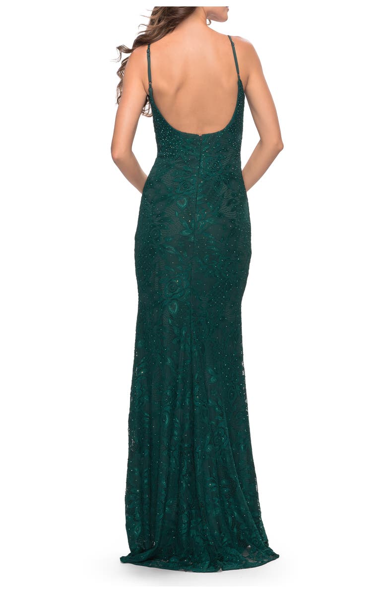 La Femme Simple Stretch Lace Dress with Slit, Alternate, color, Dark Emerald