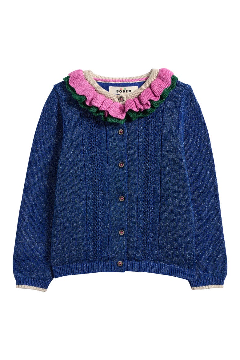 Kids' Sparkle Frill Neck Cardigan, Main, color, NAVY MULTI SPARKLE