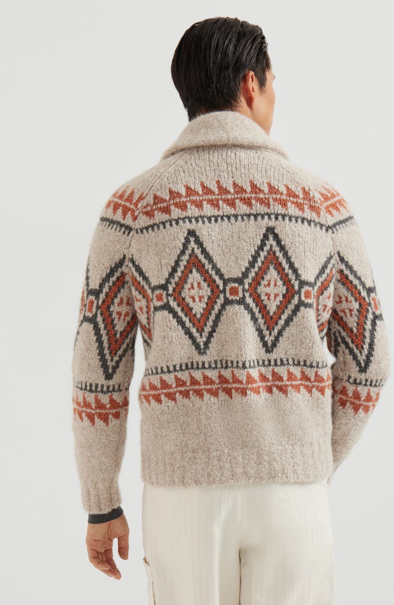 Brunello Cucinelli Geometric jacquard cardigan, Alternate, color, Buff