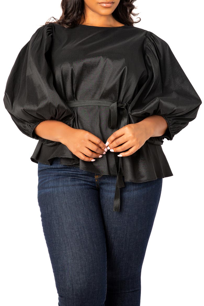 Tie Waist Voluminous Elbow Sleeve Taffeta Peplum Top, Main, color, BLACK