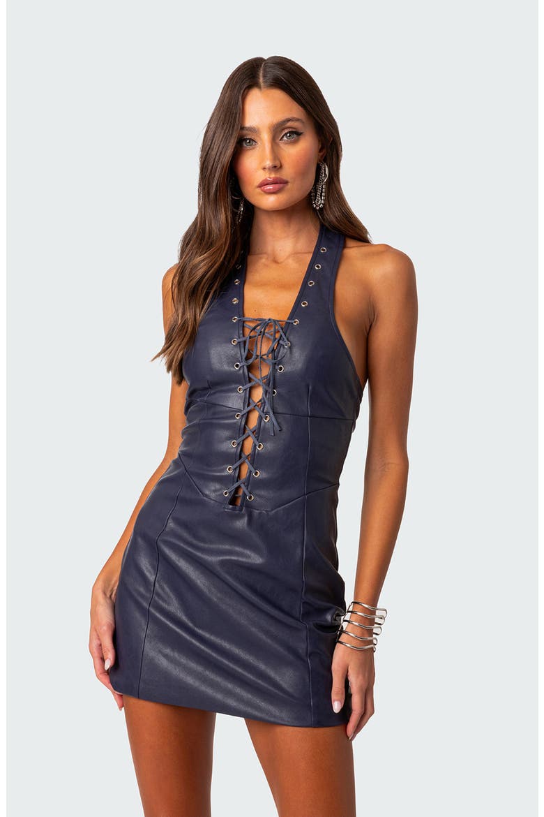 Fiia Faux Leather Halter Minidress, Alternate, color, NAVY