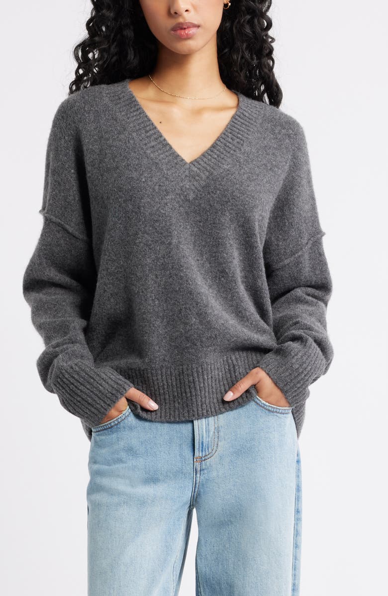 BP. Oversize Cozy V-Neck Sweater, Main, color, Grey Medium Charcoal Heather