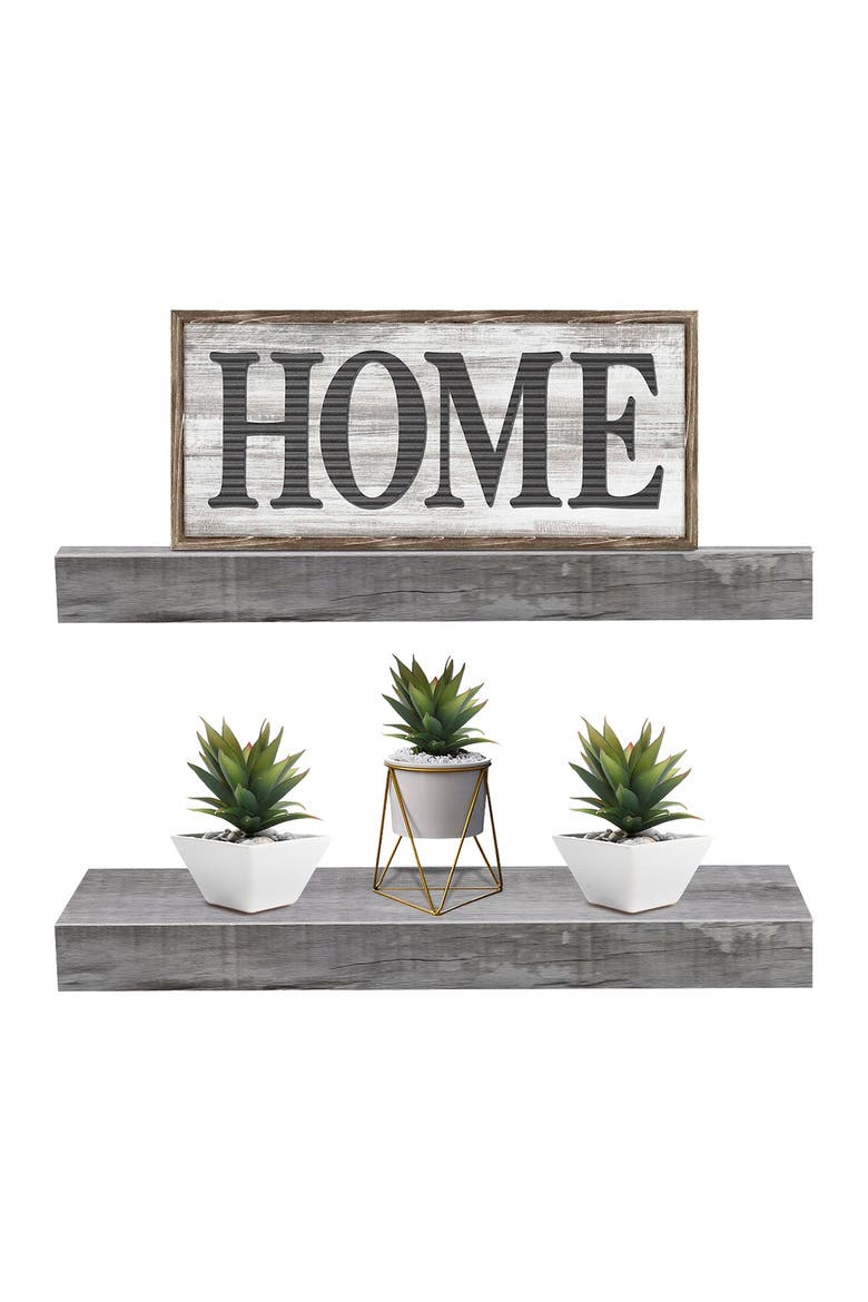 Grey/Wood 2 Tier Wooden Wall Mounted Floating Shelf, Alternate, color, GREY WOOD